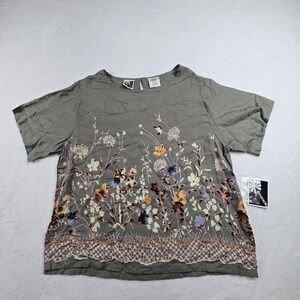 Phool Women Gray Floral Flower Rayon Short Sleeve Blouse Shirt Size XL India